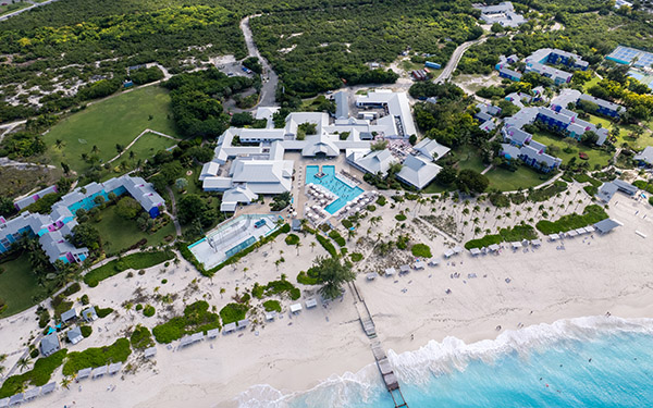 Aerial shot of beachfront resort in Grace Bay