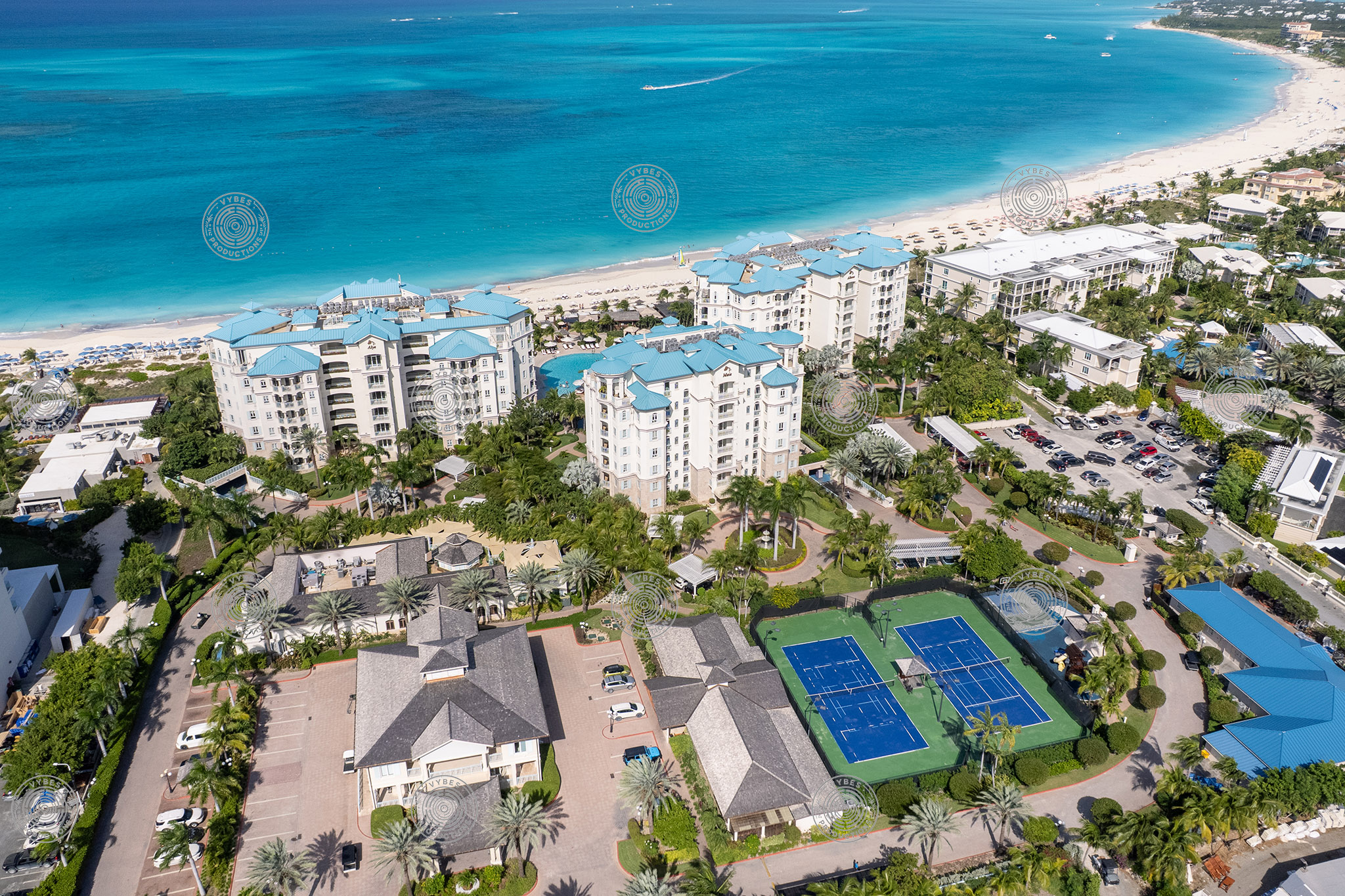 Aerial view of luxury beachfront resort in Downtown Grace Bay