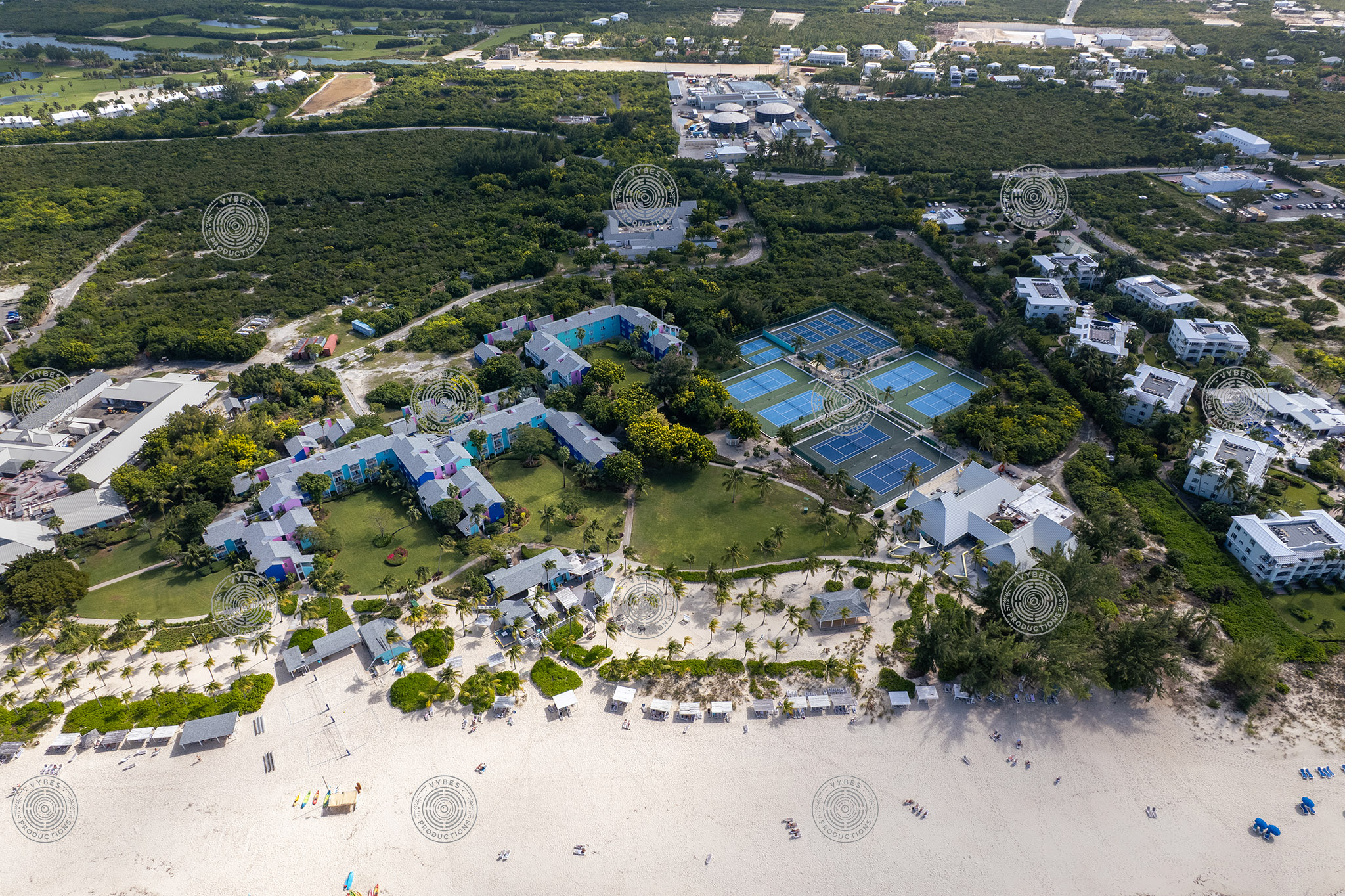 Drone shot of Club Med with pickleball and tennis courts