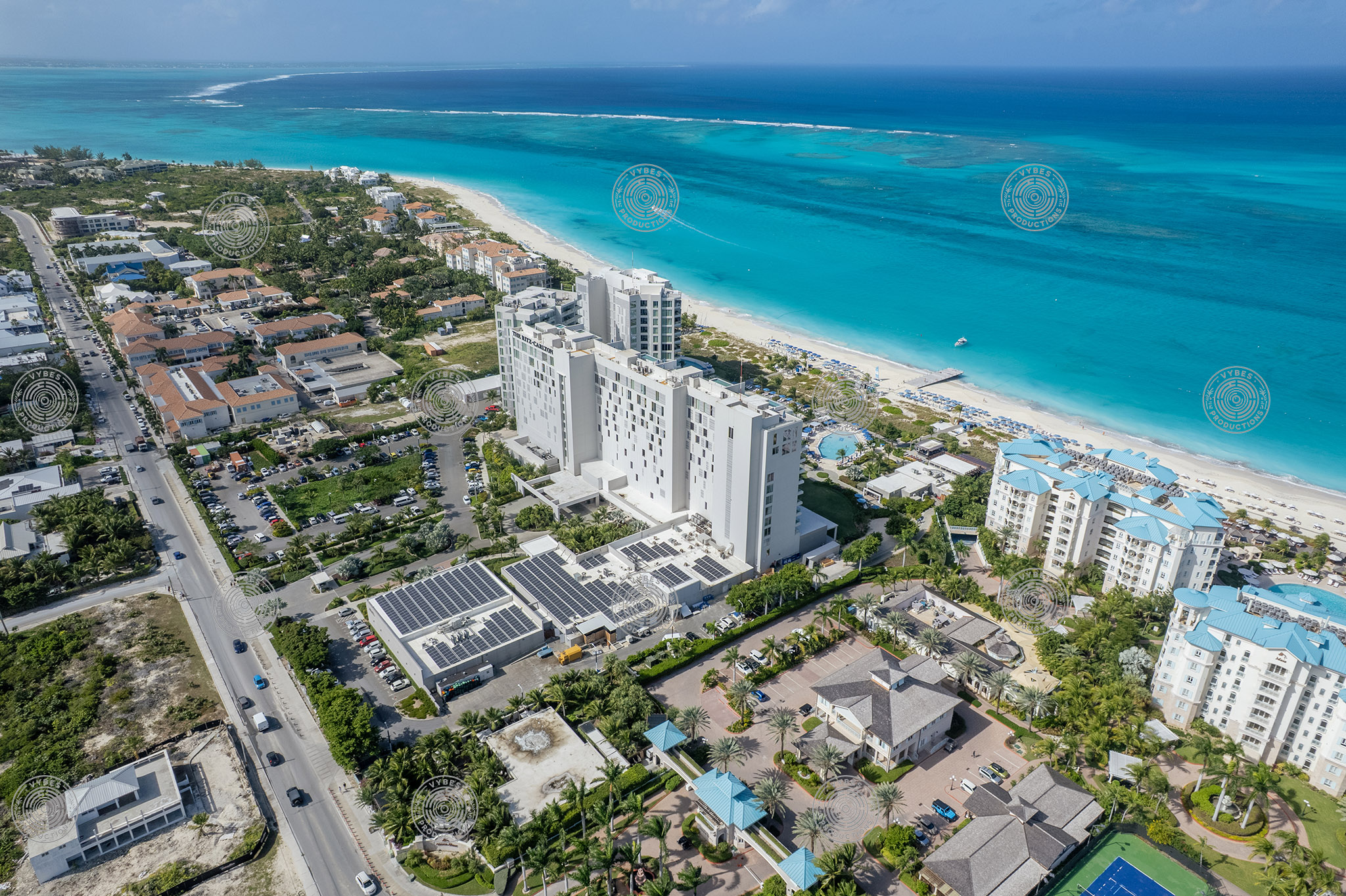 Drone shot of the Ritz-Carlton and Downtown Grace Bay