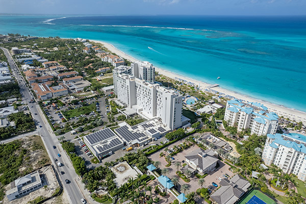 Drone shot of the Ritz-Carlton and Downtown Grace Bay