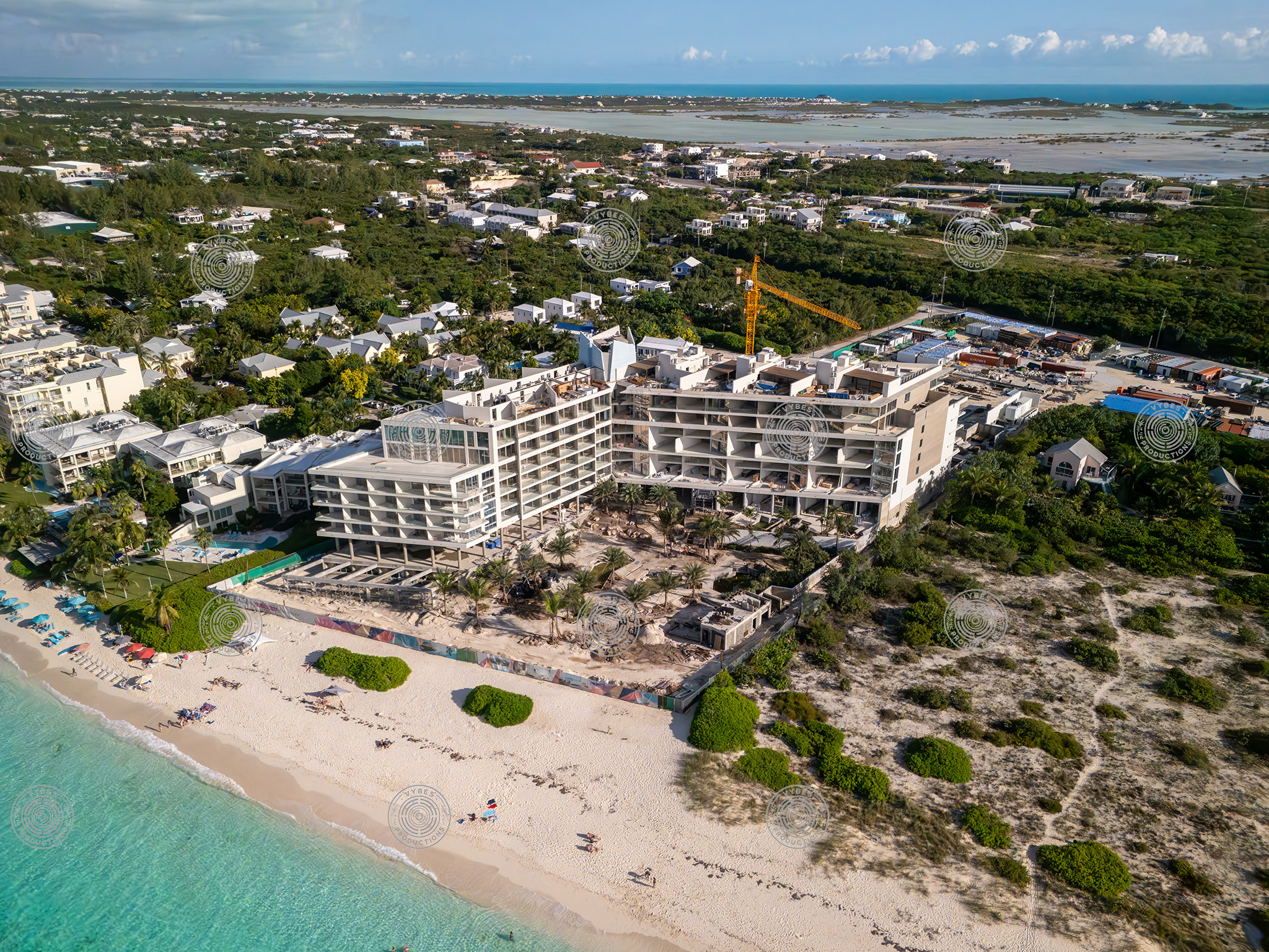 Aerial view of construction of Andaz Resort along Grace Bay Beach