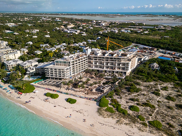 Aerial view of construction of Andaz Resort along Grace Bay Beach