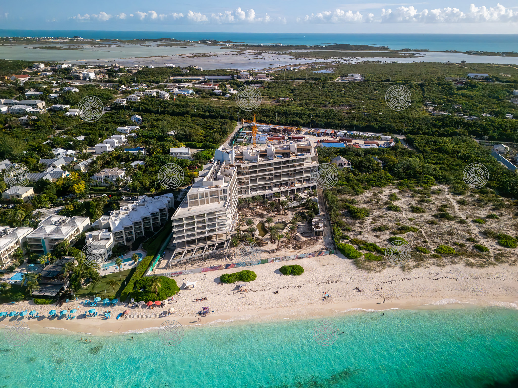 Aerial view of construction of Andaz Resort along Grace Bay Beach