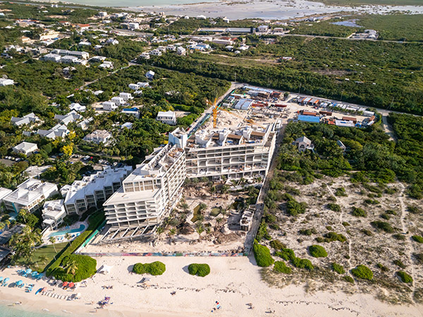 Aerial view of Andaz Resort construction on Grace Bay Beach