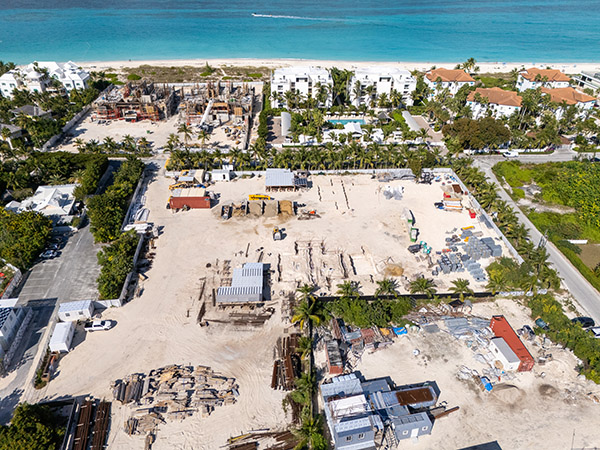 Aerial view of construction of The Point resort on Grace Bay Beach