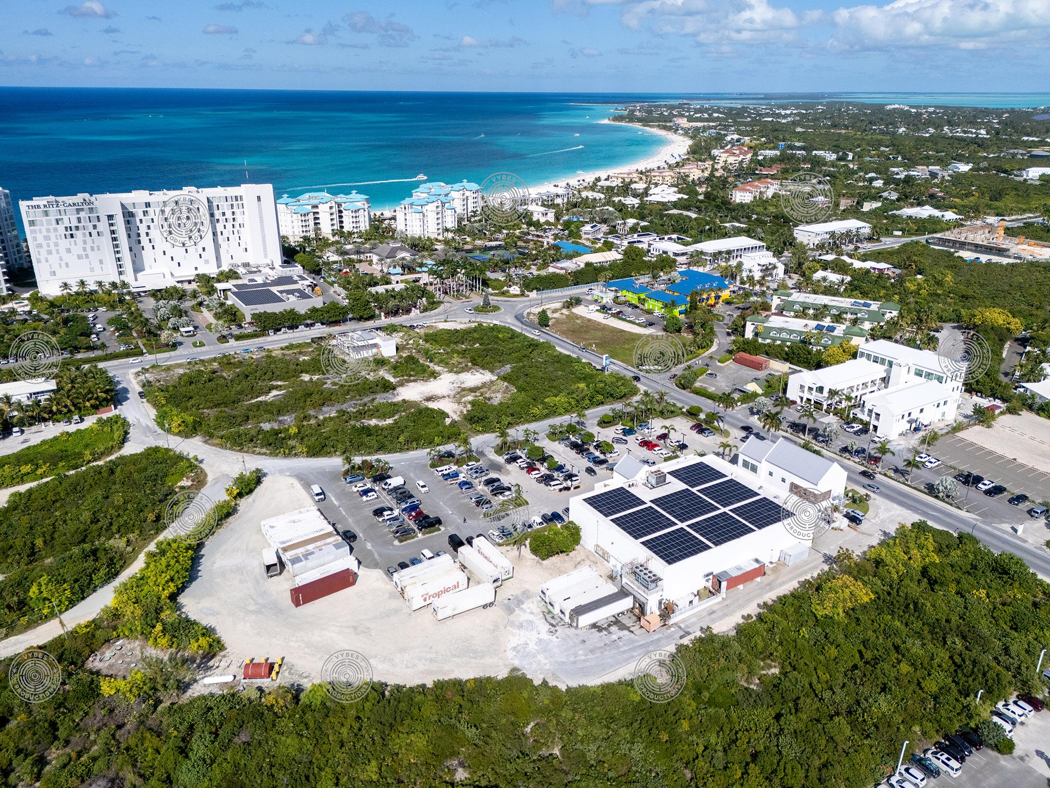 Aerial view showing Graceway Gourmet with Downtown Grace Bay