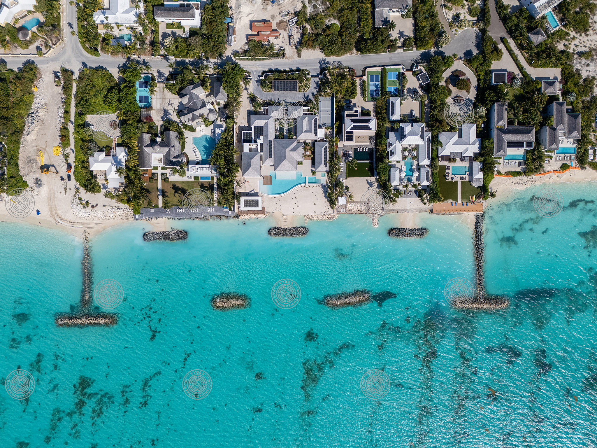 Top down drone shot of beachfront villas in Leeward