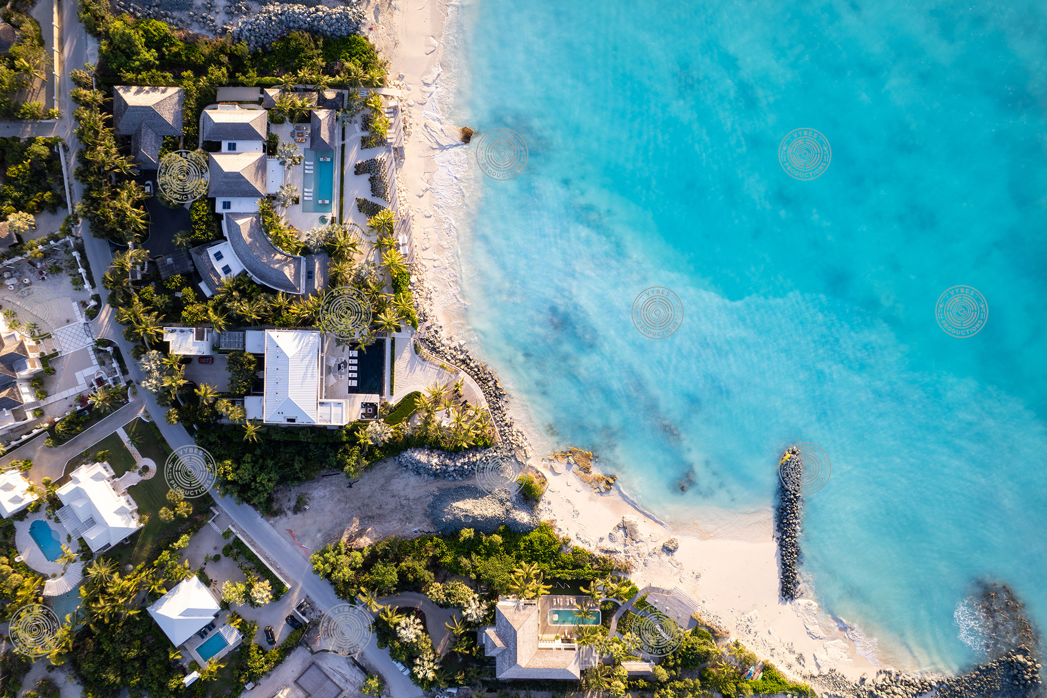 Top down drone shot of luxury villas in Leeward