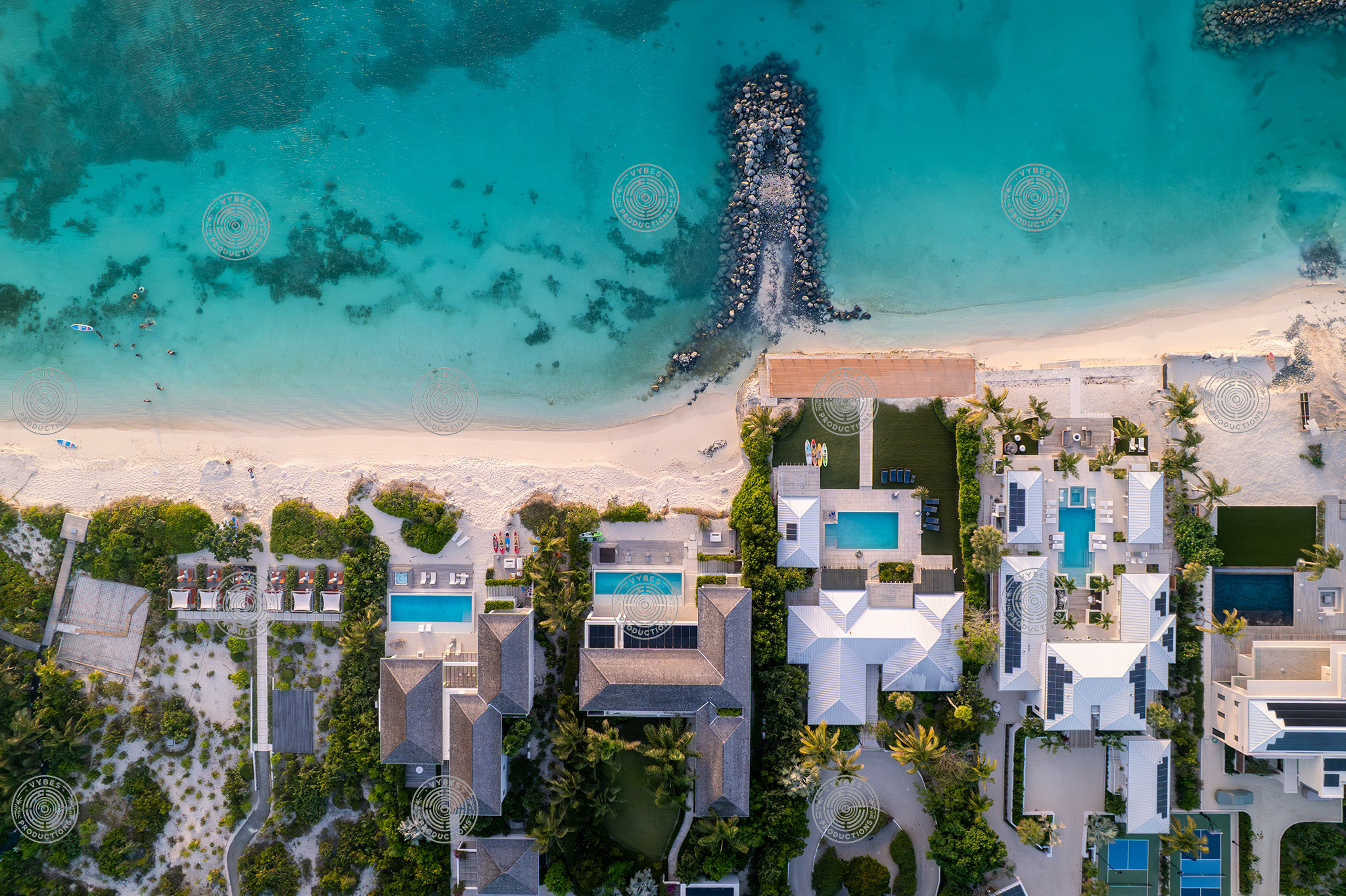 Top down drone shot of luxury villas in Leeward