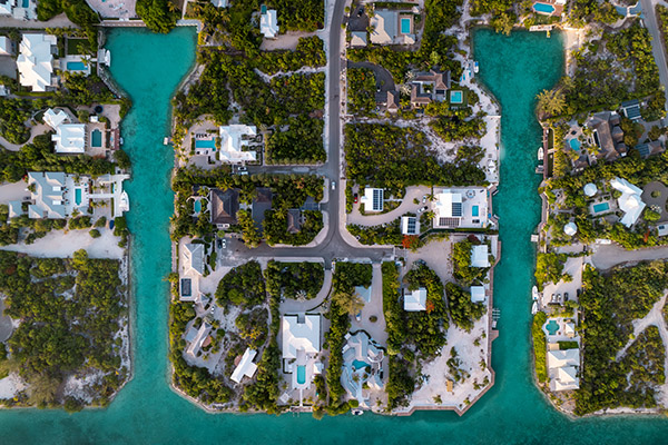 Drone shot of canal villas in Leeward