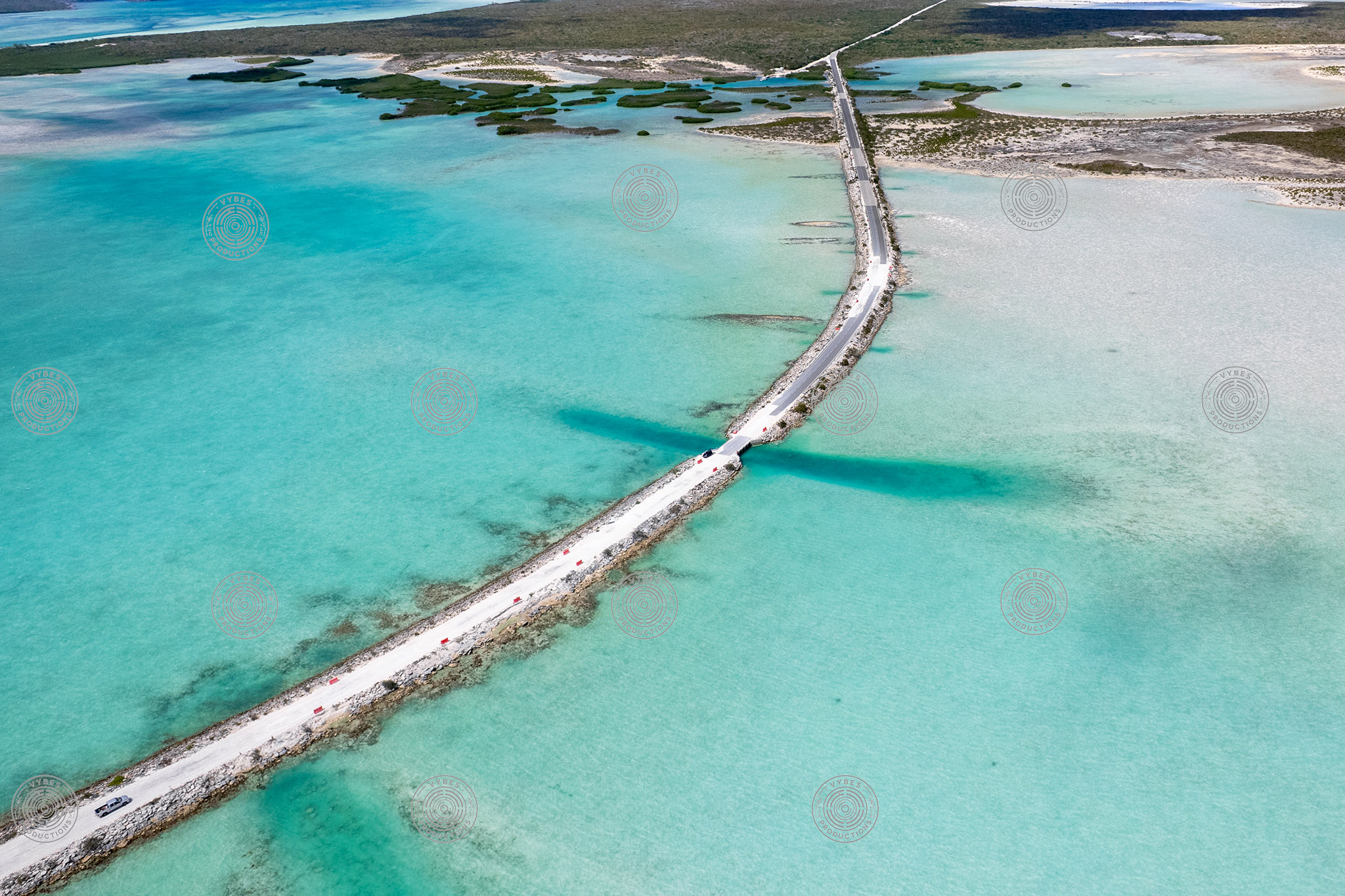 Aerial view of causeway between North and Middle Caicos