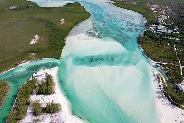 Aerial view of channel between Parrot Cay and North Caicos