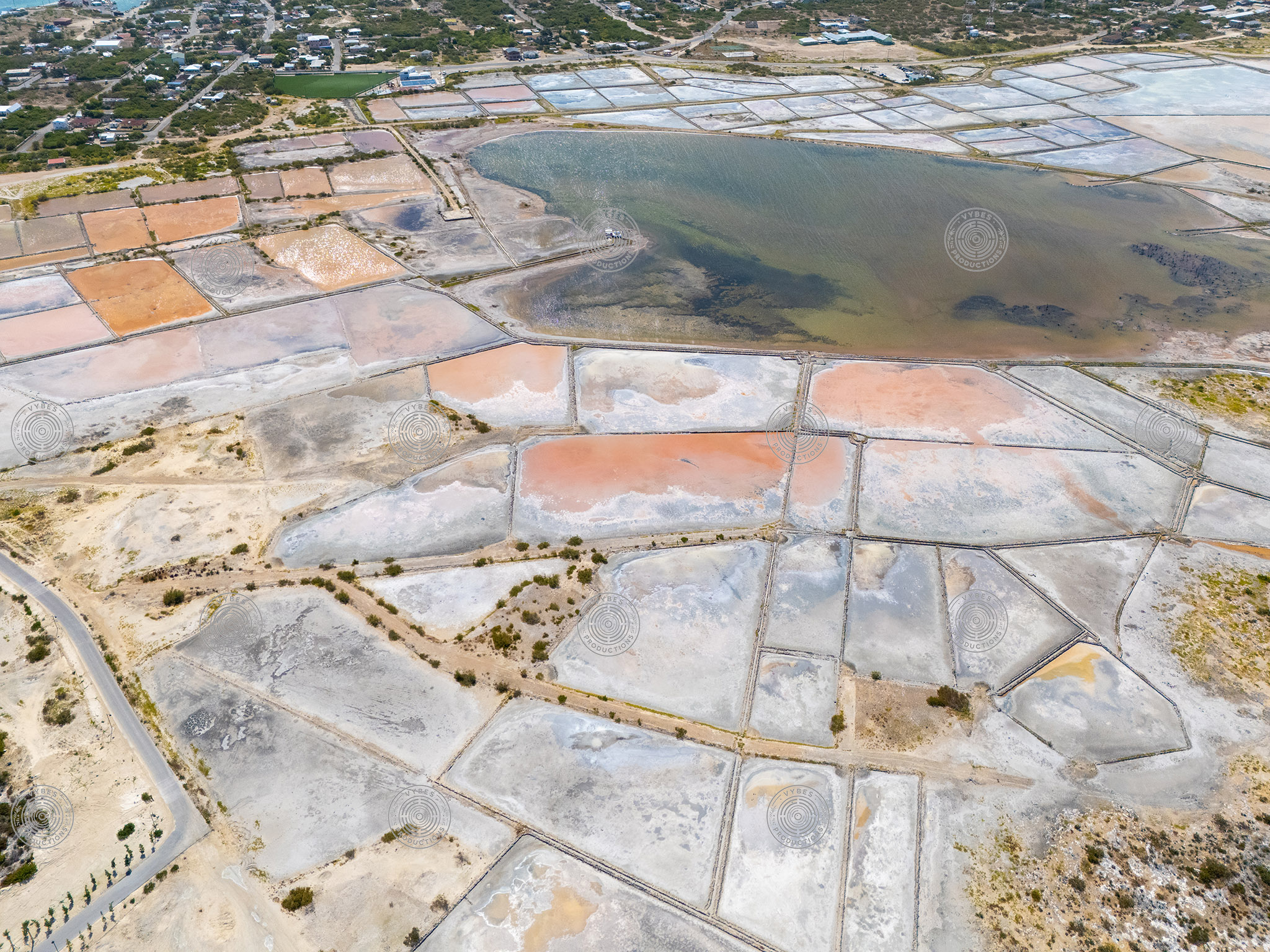 Aerial view of salt flats in South Caicos