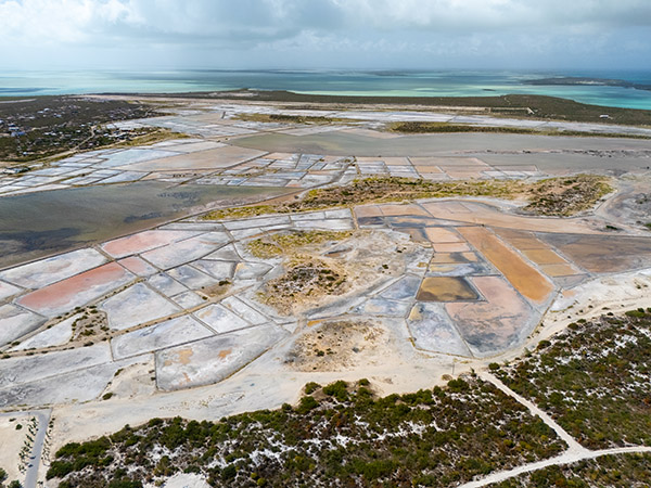 Drone shot of salt flats in South Caicos