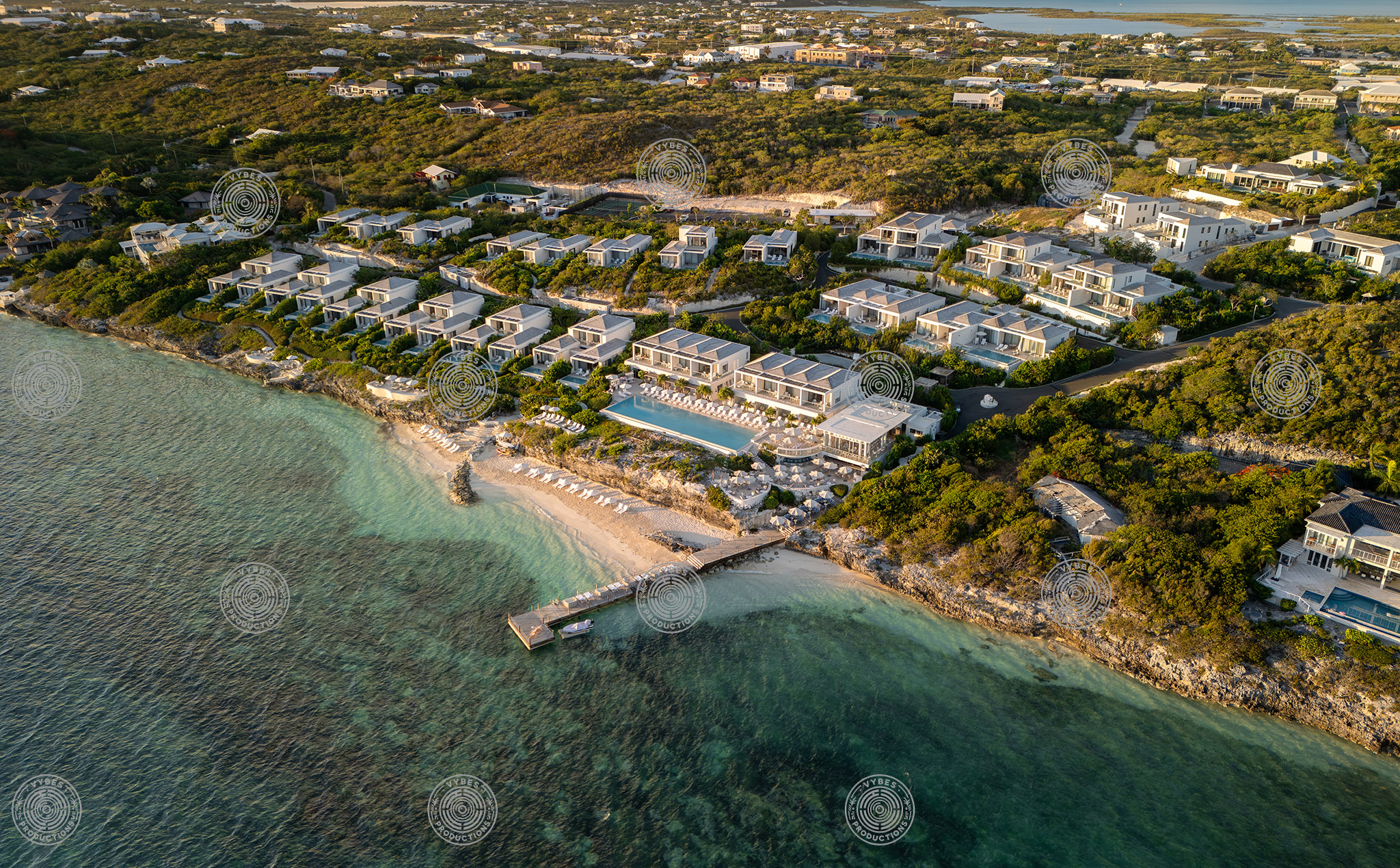 Aerial view of Rock House Resort during sunrise