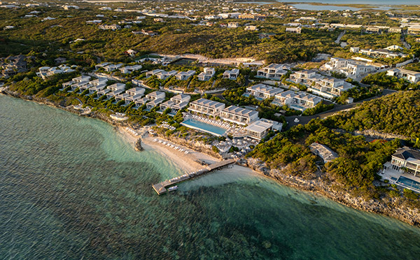 Aerial view of Rock House Resort during sunrise