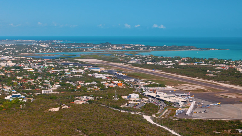 Aerial view of commercial plane taking off at PLS Airport