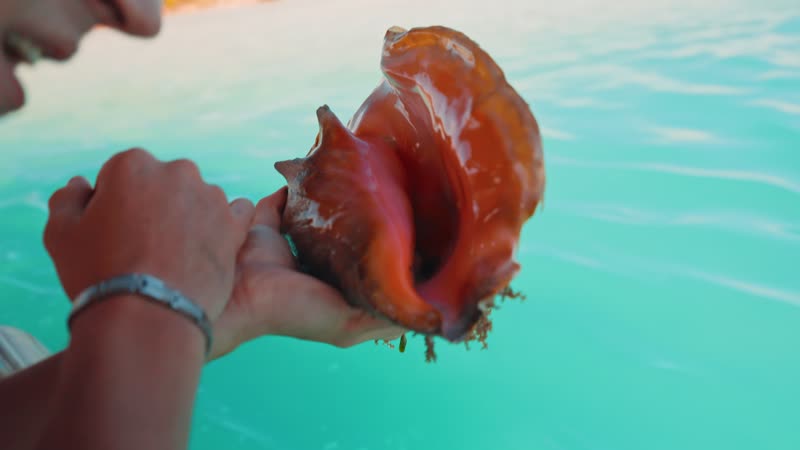 Handheld close-up shot of conch shell on luxury boat