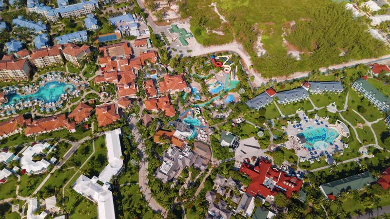 Drone shot of Beaches Resort along Grace Bay Beach
