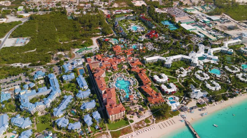 Drone shot of Beaches Resort along Grace Bay Beach