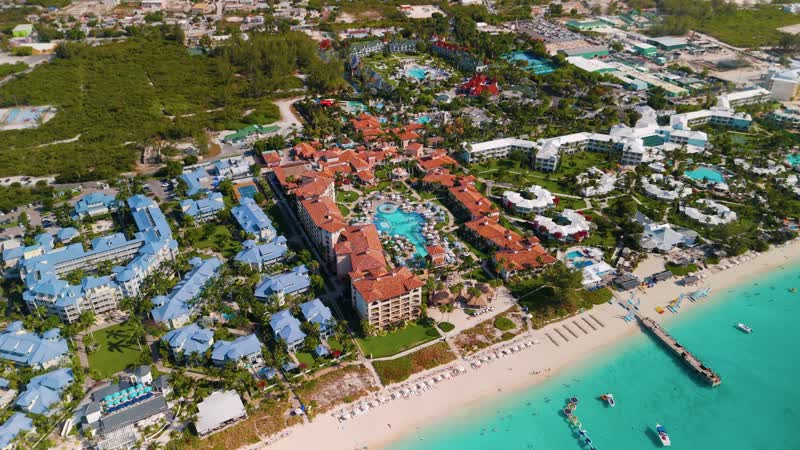 Drone shot of Beaches Resort along Grace Bay Beach
