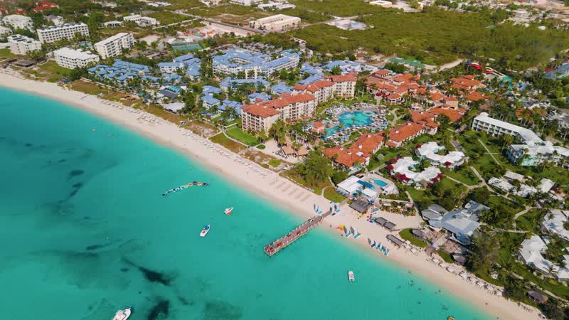 Drone shot of Beaches Resort along Grace Bay Beach