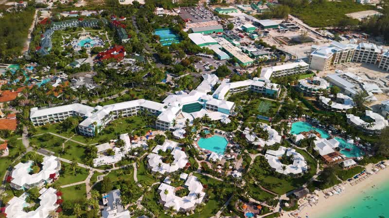 Drone shot of Beaches Resort along Grace Bay Beach