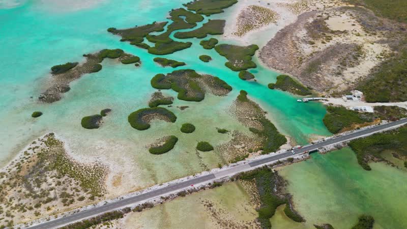 Drone shot of mangrove cays and Middle Caicos causeway