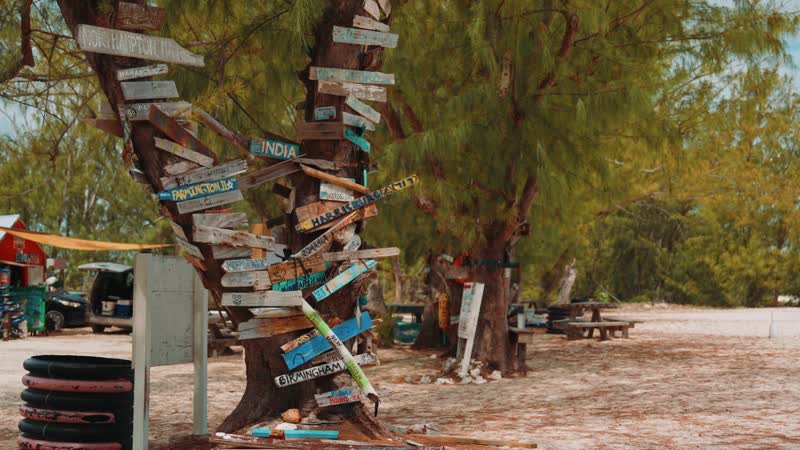 View of wooden signs on Bambarra Beach, Middle Caicos