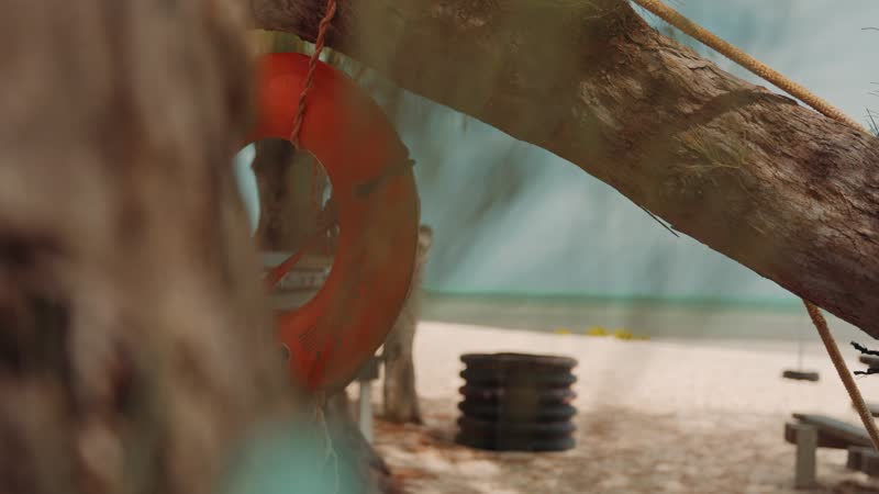 Cinematic shot of lifebuoy hanging in Bambarra Beach, Middle Caicos