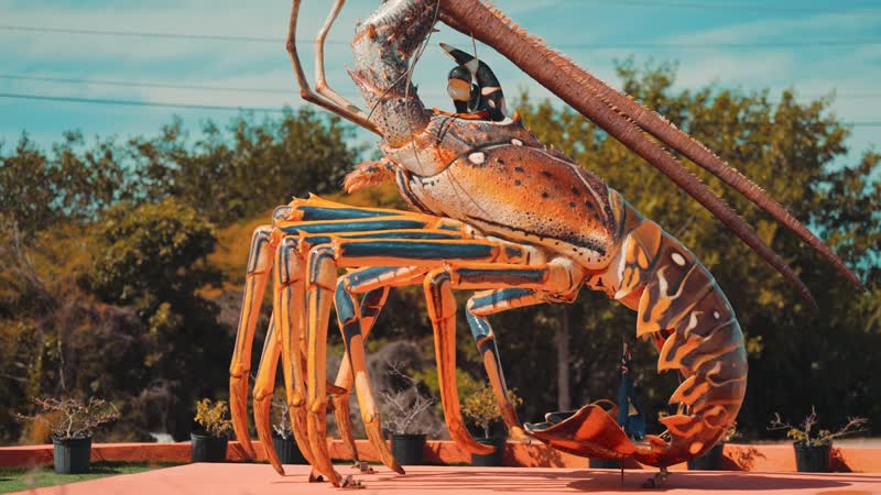 Handheld shot of giant lobster statue in South Caicos